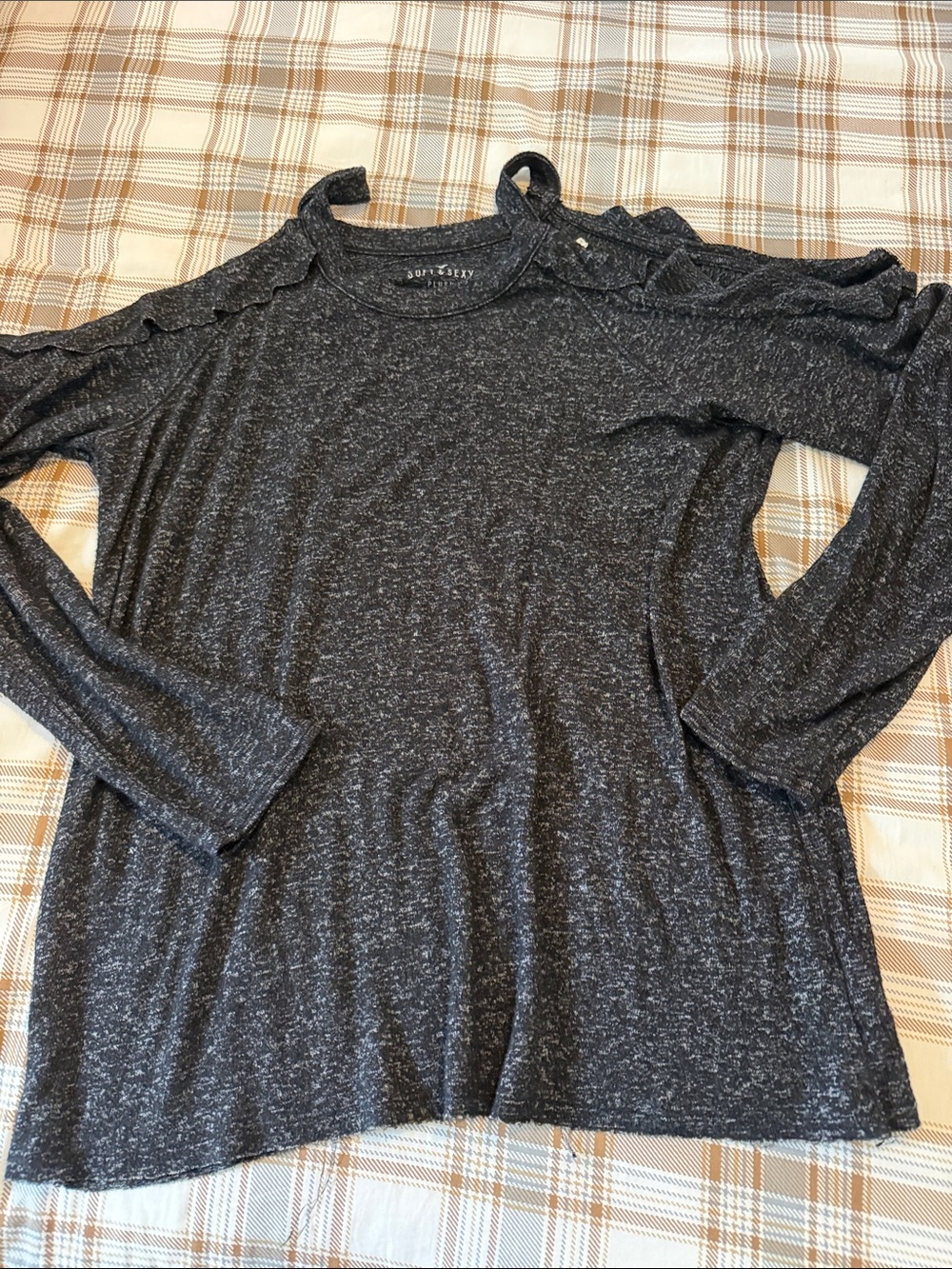 American Eagle Outfitters Charcoal Gray Cold-Shoulder Ruffle Long Sleeve Top